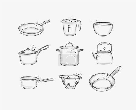 Téléchargez les illustrations : Kitchen appliences for everyday cooking drawing in graphic style on grey background - en licence libre de droit