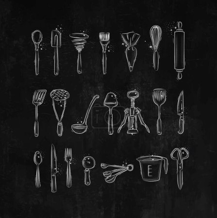 Illustration for Kitchen utensils to prepare food and bakery drawing in graphic style on black background - Royalty Free Image