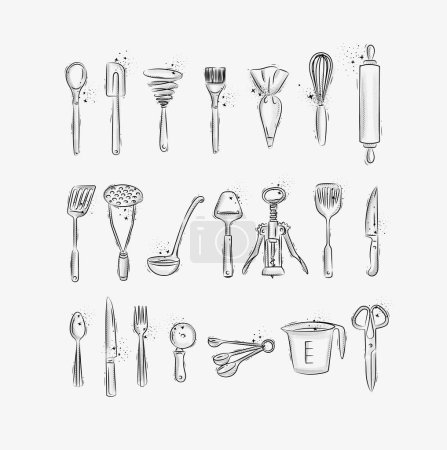 Téléchargez les illustrations : Ustensiles de cuisine pour préparer la nourriture et le dessin de boulangerie dans un style graphique sur fond gris - en licence libre de droit