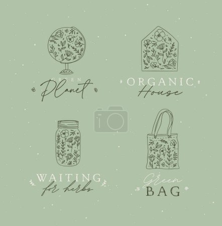Téléchargez les illustrations : Labels globe, envelope, hand bag, jar of jam with flowers drawing on green background - en licence libre de droit