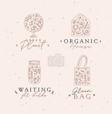 Téléchargez les illustrations : Labels globe, envelope, hand bag, jar of jam with flowers drawing on peach background - en licence libre de droit