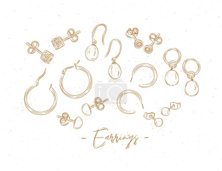 Ilustración de Earrings from precious metals with diamonds and pearls drawing in graphic style on beige background. - Imagen libre de derechos