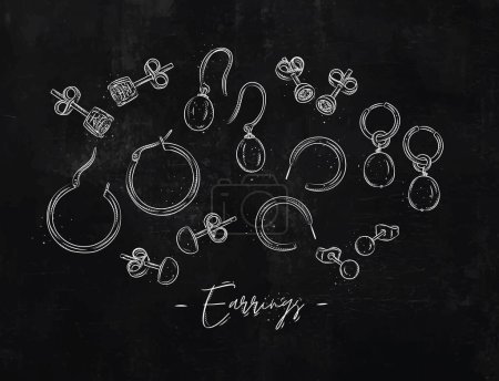 Ilustración de Earrings from precious metals with diamonds and pearls drawing in graphic style on black background. - Imagen libre de derechos