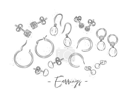Illustration for Earrings from precious metals with diamonds and pearls drawing in graphic style on white background. - Royalty Free Image