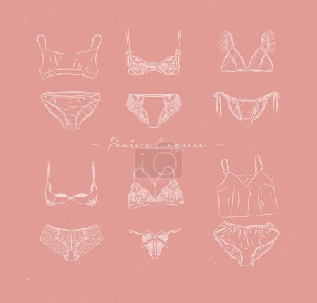 Illustration for Lingerie set of panties and bras in graphic style, drawn on peach background - Royalty Free Image
