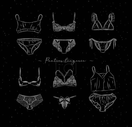 Illustration for Lingerie set of panties and bras in graphic style, drawn on black background - Royalty Free Image