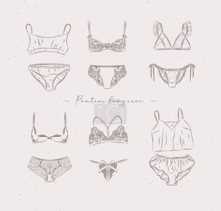 Illustration for Lingerie set of panties and bras in graphic style, drawn on beige background - Royalty Free Image