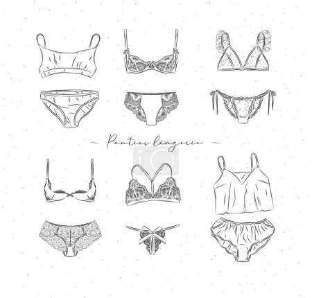 Ilustración de Conjunto de bragas y sujetadores de lencería en estilo gráfico, dibujado sobre fondo blanco - Imagen libre de derechos