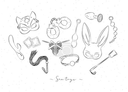 Ilustración de Juguetes sexuales y accesorios de ropa para juegos para adultos en estilo gráfico, dibujados sobre fondo blanco - Imagen libre de derechos