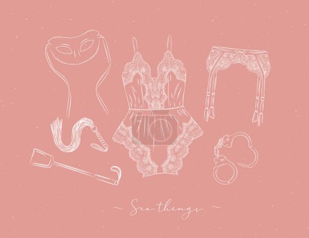 Illustration for Sexy clothes and things for adult games in graphic style drawn on peach background - Royalty Free Image