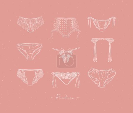 Illustration for Lace sexy panties collection drawn in graphic style on peach color background - Royalty Free Image