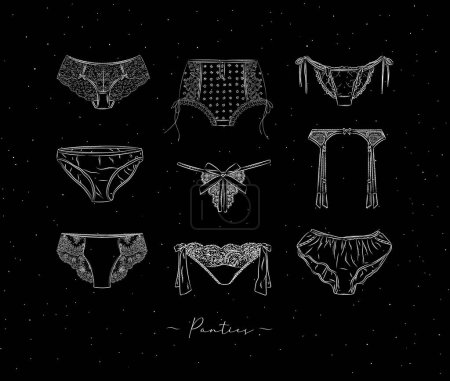 Illustration for Lace sexy panties collection drawn in graphic style on peach black background - Royalty Free Image