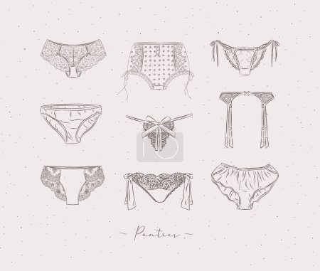 Téléchargez les illustrations : Dentelle collection de culottes sexy dessinée dans un style graphique sur fond de couleur beige - en licence libre de droit