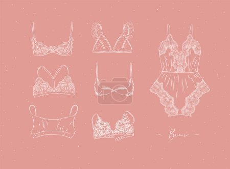 Illustration for Lace sexy bras collection drawn in graphic style on peach color background - Royalty Free Image