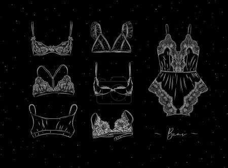 Illustration for Lace sexy bras collection drawn in graphic style on black color background - Royalty Free Image