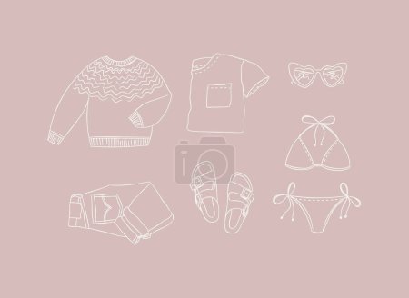 Illustration for Set of clothes sweater, t-shirt, glasses, swimsuit, jeans, pants, slippers, sandals for women modern travel look in handdrawing style on peach background. - Royalty Free Image
