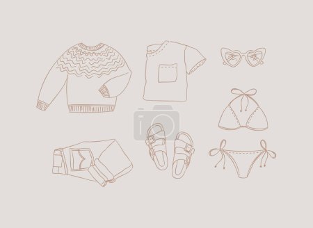 Illustration for Set of clothes sweater, t-shirt, glasses, swimsuit, jeans, pants, slippers, sandals for women modern travel look in handdrawing style on beige background. - Royalty Free Image