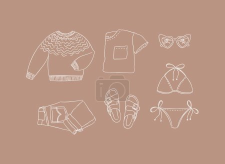 Ilustración de Conjunto de suéter de ropa, camiseta, gafas, traje de baño, jeans, pantalones, zapatillas, sandalias para mujer moderno look de viaje en estilo de dibujo a mano sobre fondo marrón. - Imagen libre de derechos