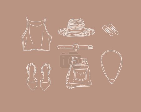Illustration for Set of clothes topic, hat, hand watch, hairpin, shoes, shorts, denim, pendant for women modern summer look in handdrawing style on brown background. - Royalty Free Image