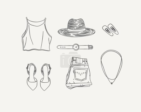 Illustration for Set of clothes topic, hat, hand watch, hairpin, shoes, shorts, denim, pendant for women modern summer look in handdrawing style on light background. - Royalty Free Image