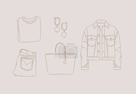 Ilustración de Conjunto de blusa de ropa, pendientes, pantalones, jeans, bolso, chaqueta para mujer look moderno primavera en estilo de dibujo a mano sobre fondo beige. - Imagen libre de derechos