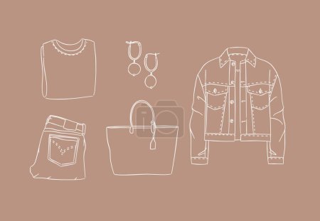 Ilustración de Conjunto de blusa de ropa, pendientes, pantalones, jeans, bolso, chaqueta para mujer look moderno primavera en estilo de dibujo a mano sobre fondo marrón. - Imagen libre de derechos