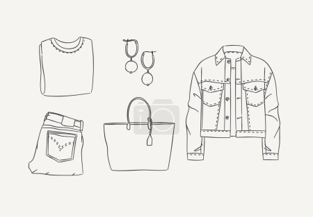 Illustration for Set of clothes blouse, earrings, pants, jeans, bag, jacket for woman modern spring look in handdrawing style on light background. - Royalty Free Image
