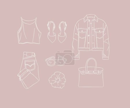 Illustration for Set of clothes blouse, shoes, jacket, jeans, pants, glasses, hairpin, bag for women modern look in handdrawing style on peach background. - Royalty Free Image