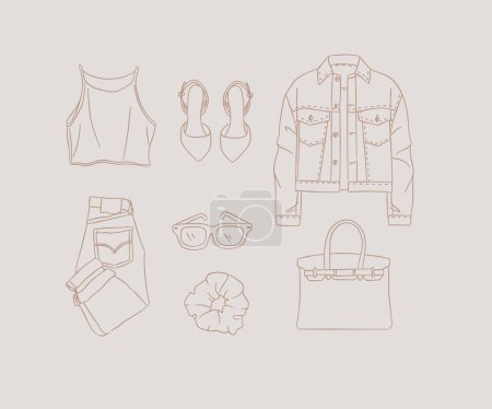 Ilustración de Conjunto de blusa de ropa, zapatos, chaqueta, jeans, pantalones, gafas, horquilla, bolso para mujer de aspecto moderno en estilo de dibujo a mano sobre fondo de melocotón. - Imagen libre de derechos
