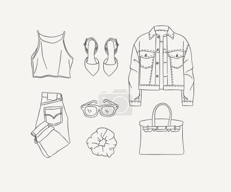 Illustration for Set of clothes blouse, shoes, jacket, jeans, pants, glasses, hairpin, bag for women modern look in handdrawing style on light background. - Royalty Free Image