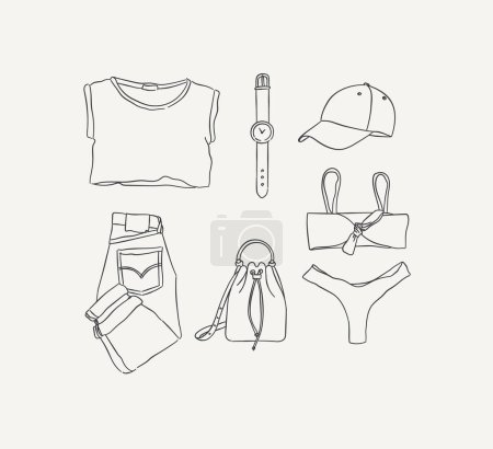 Illustration for Set of clothes T-shirt, watch, baseball cap, pants, jeans, bag, swimsuit for women vacation look in handdrawing style on light background. - Royalty Free Image