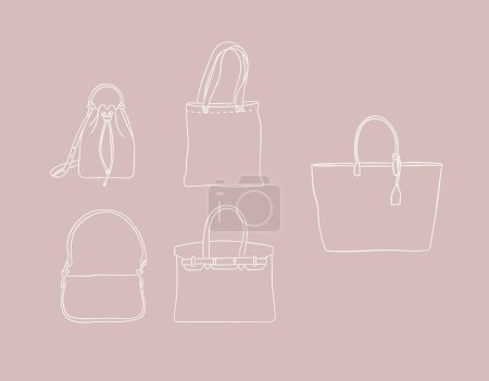Téléchargez les illustrations : Ensemble de sacs à main pour les femmes modernes regarder dessin sur fond de couleur pêche. - en licence libre de droit
