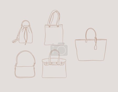 Illustration for Set of handbags for modern women look drawing on beige color background. - Royalty Free Image