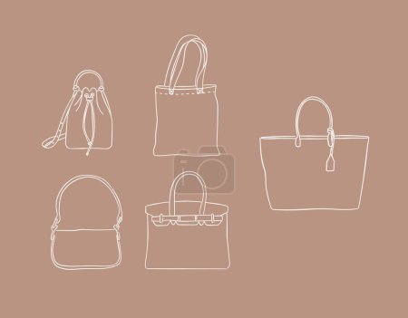 Téléchargez les illustrations : Ensemble de sacs à main pour les femmes modernes regarder dessin sur fond de couleur marron. - en licence libre de droit