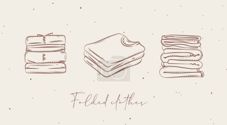 Folded clothes in different angles drawing in graphic style on beige background