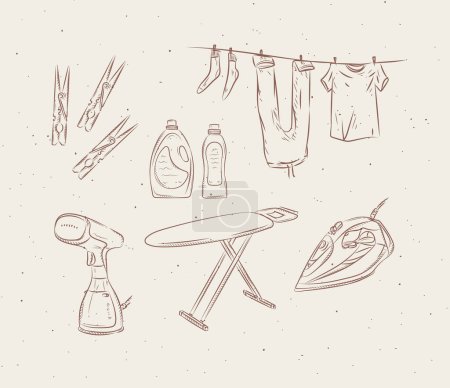 Illustration for Ironing and laundry accessories clothespin, clothesline, steamer, board, iron, powder, conditioner, linen, wash, soap drawing in graphic style on beige background - Royalty Free Image
