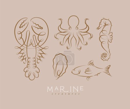 Illustration for Filigree swirl sea and ocean creatures lobster, octopus, seahorse, oyster, fish drawing on brown background - Royalty Free Image