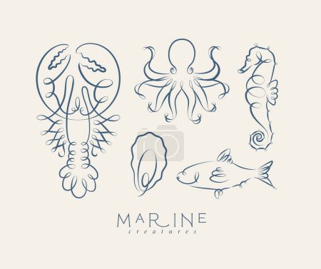 Téléchargez les illustrations : Tourbillon filigrane créatures marines et océaniques homard, poulpe, hippocampe, huître, poisson dessin sur fond gris - en licence libre de droit