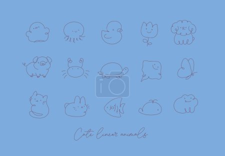 Illustration for Cute animals drawing in line art style on blue background - Royalty Free Image