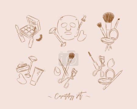Illustration for Set compositions of cosmetology tools lipstick, eyeshadows, mascara, facial massager, anti age mask, brush, powder, face and hand cream, tweezers, sponge, eyelash clip, pencil drawing on soft brown bg - Royalty Free Image