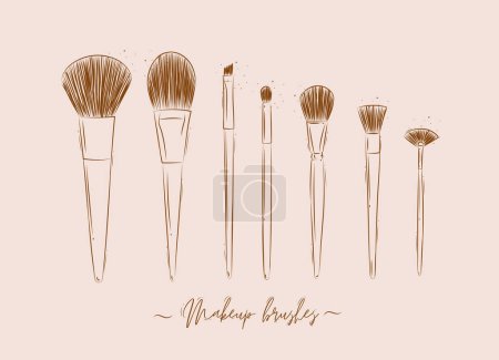 Illustration for Brushes for makeup, powder, foundation, eye shadow beauty collection drawing on light brown background - Royalty Free Image