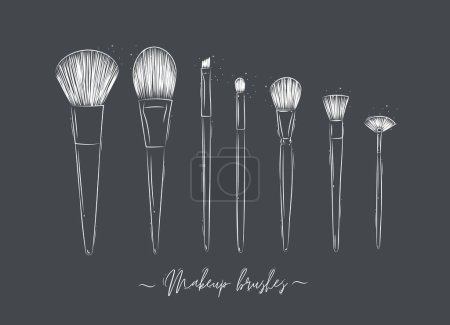 Illustration for Brushes for makeup, powder, foundation, eye shadow beauty collection drawing on grey background - Royalty Free Image