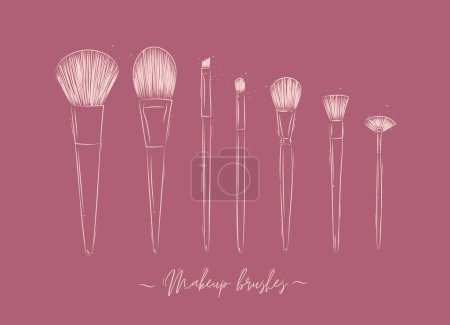 Ilustración de Cepillos para maquillaje, polvo, fundación, sombra de ojos colección de belleza dibujo sobre fondo rosa - Imagen libre de derechos