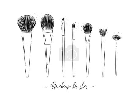 Illustration for Brushes for makeup, powder, foundation, eye shadow beauty collection drawing on white background - Royalty Free Image