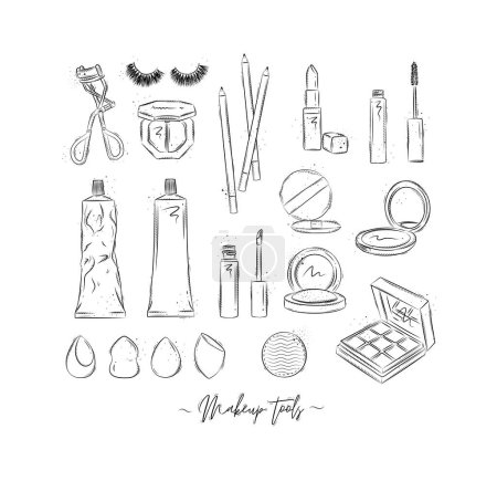 Ilustración de Pinza de pestañas para herramientas de maquillaje, pestañas falsas, sombra de ojos, lápiz, lápiz labial, rimel, crema facial, polvo de espejo, dibujo de esponja sobre fondo blanco - Imagen libre de derechos