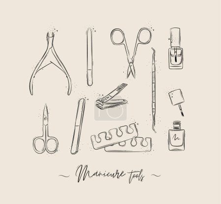 Illustration for Manicure and pedicure tools collection with wire cutters, nail file, scissors, nail polish, toe separator, cuticle pusher spoon drawing on beige background - Royalty Free Image