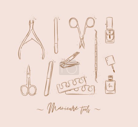 Illustration for Manicure and pedicure tools collection with wire cutters, nail file, scissors, nail polish, toe separator, cuticle pusher spoon drawing on light brown background - Royalty Free Image
