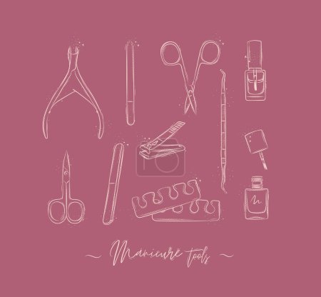 Illustration for Manicure and pedicure tools collection with wire cutters, nail file, scissors, nail polish, toe separator, cuticle pusher spoon drawing on pink background - Royalty Free Image