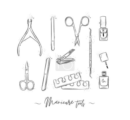 Illustration for Manicure and pedicure tools collection with wire cutters, nail file, scissors, nail polish, toe separator, cuticle pusher spoon drawing on white background - Royalty Free Image