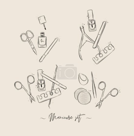 Illustration for Manicure and pedicure proffesional tools compositions collection with wire cutters, nail file, scissors, nail polish, toe separator, cuticle pusher spoon drawing on beige background - Royalty Free Image